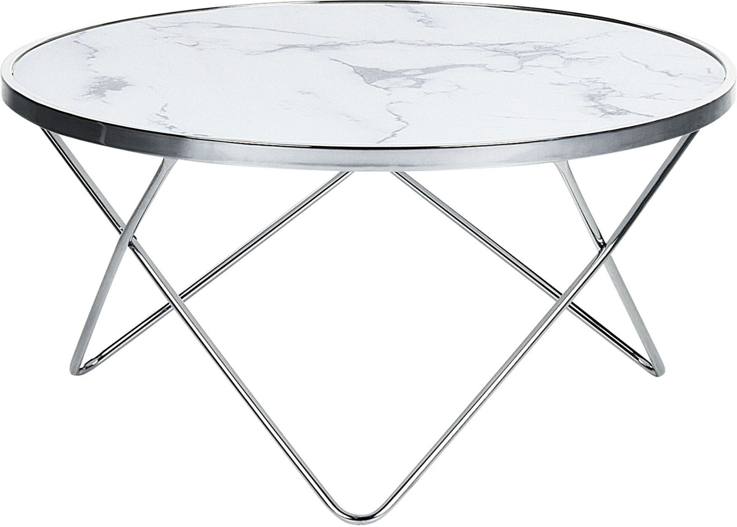 Beliani Coffee Table White Marble Effect Tempered Glass Top Silver Metal Hairpin Legs Round Shape