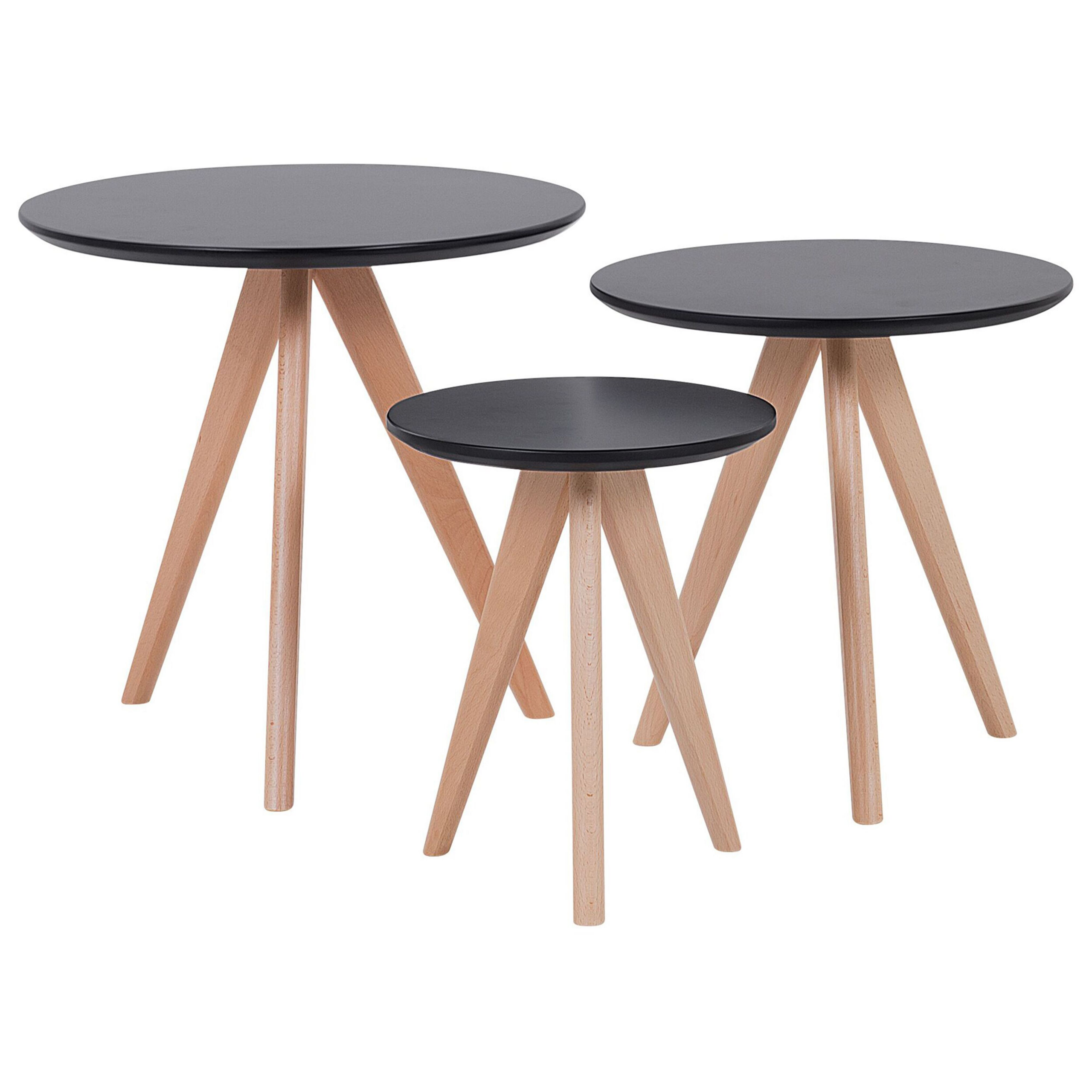Beliani Nest of 3 Tables Black Top Light Wood Tripod Base Scandinavian Style