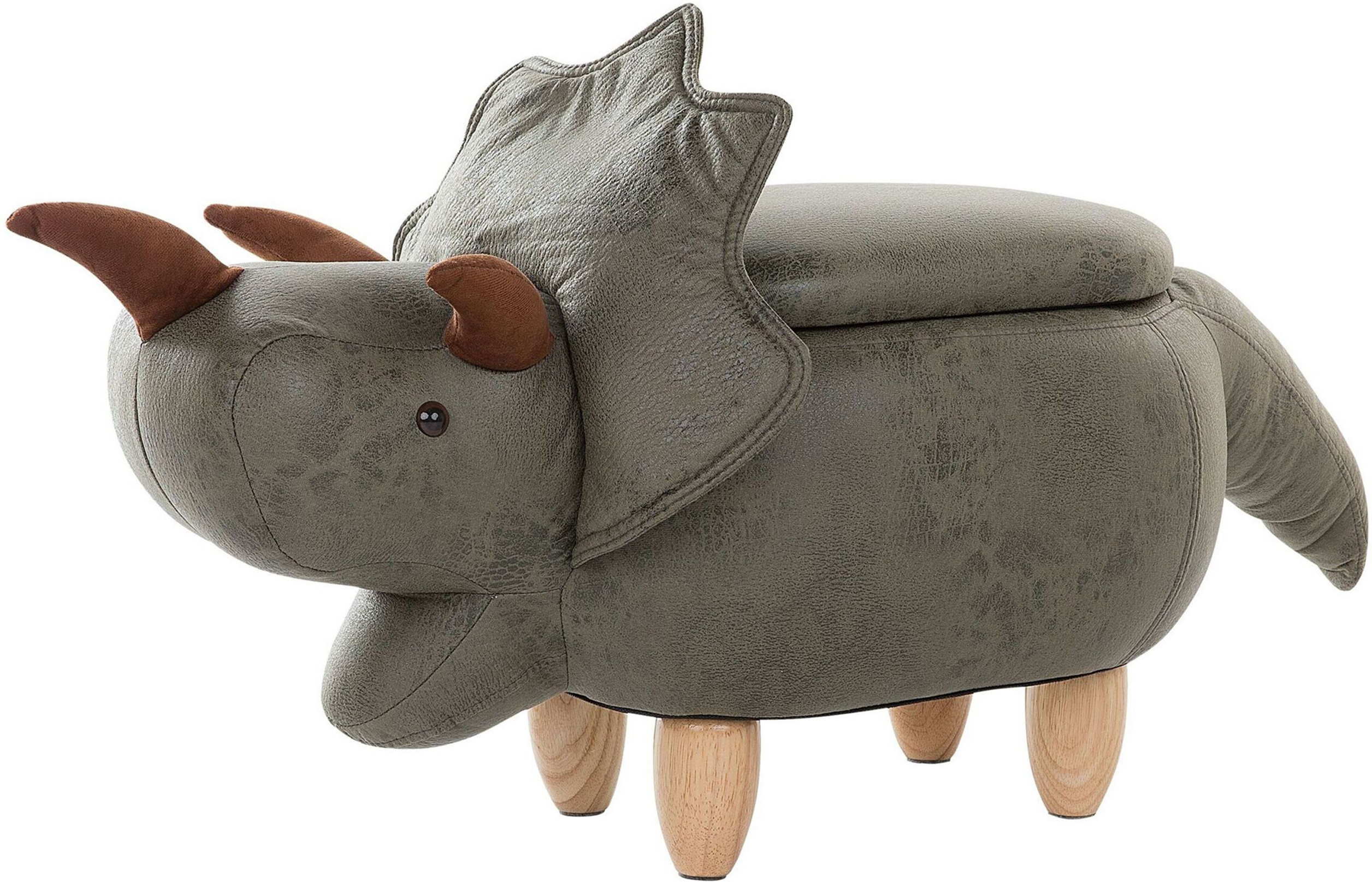 Beliani Animal Triceratops Children Stool Dark Green Polyester Fabric Upholstered Wooden Legs Storage Function Nursery Footstool