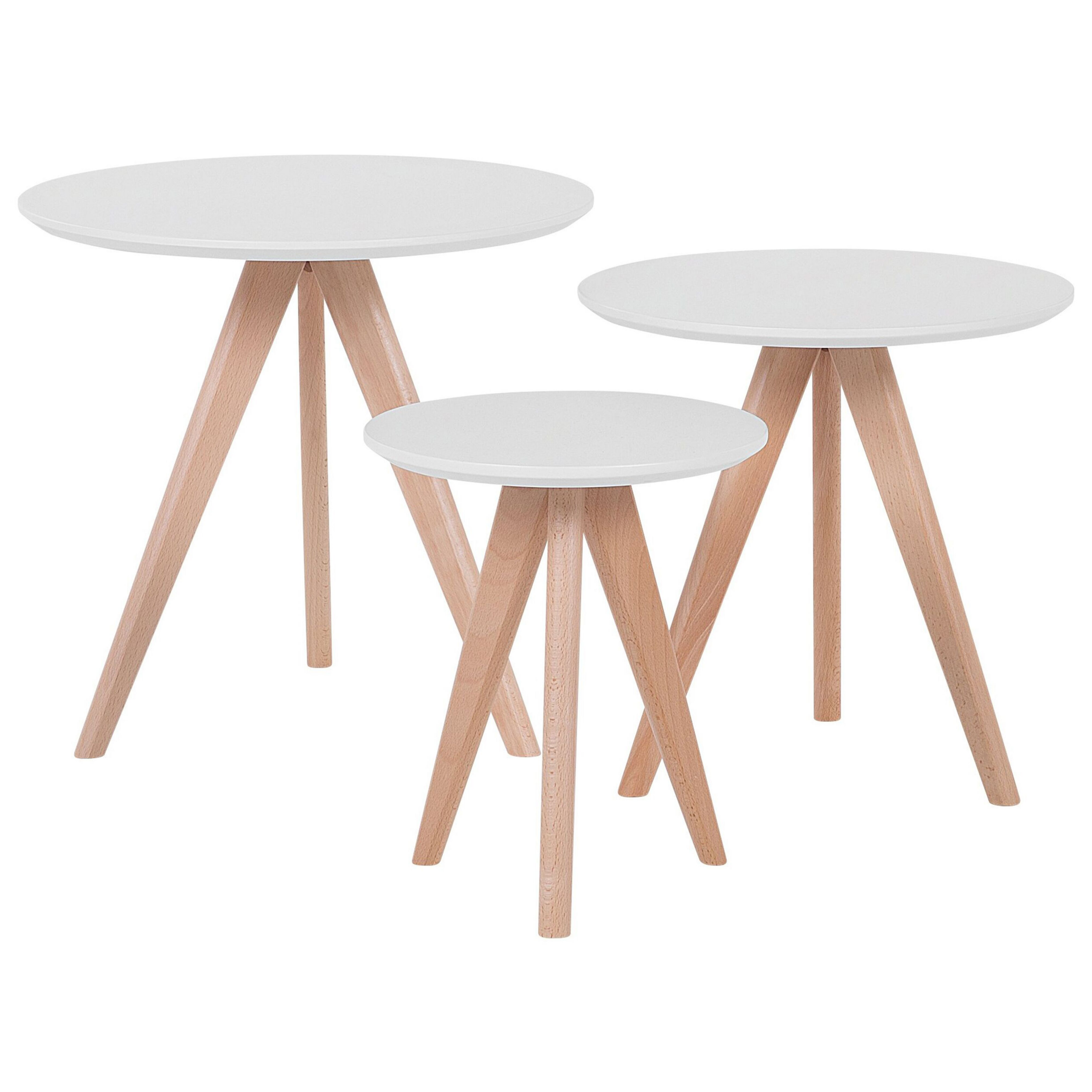 Beliani Nest of 3 Tables White Top Light Wood Tripod Base Scandinavian Style