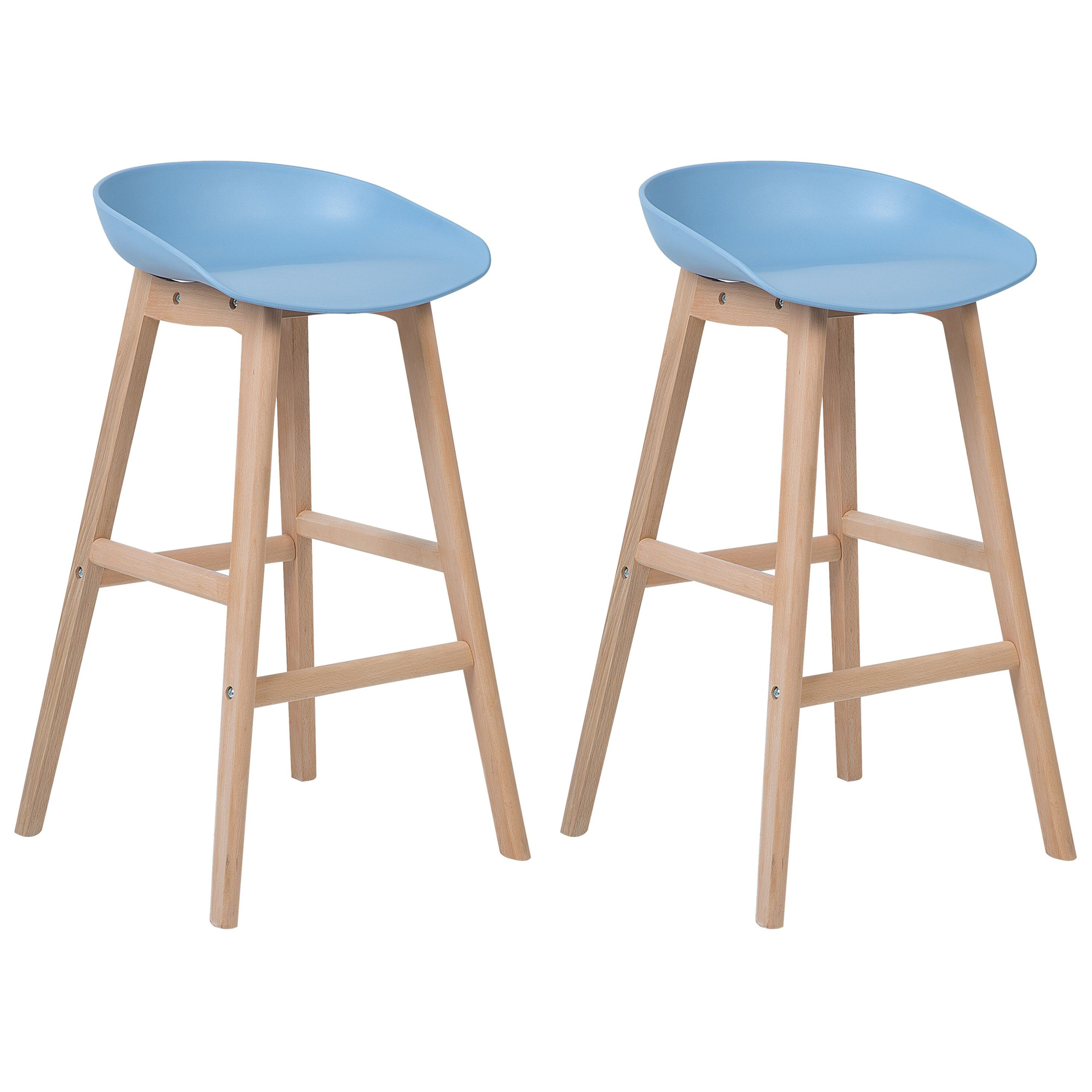 Beliani Set of 2 Bar Stools Light Wood and Blue Plastic 85 cm Seat Counter Chair
