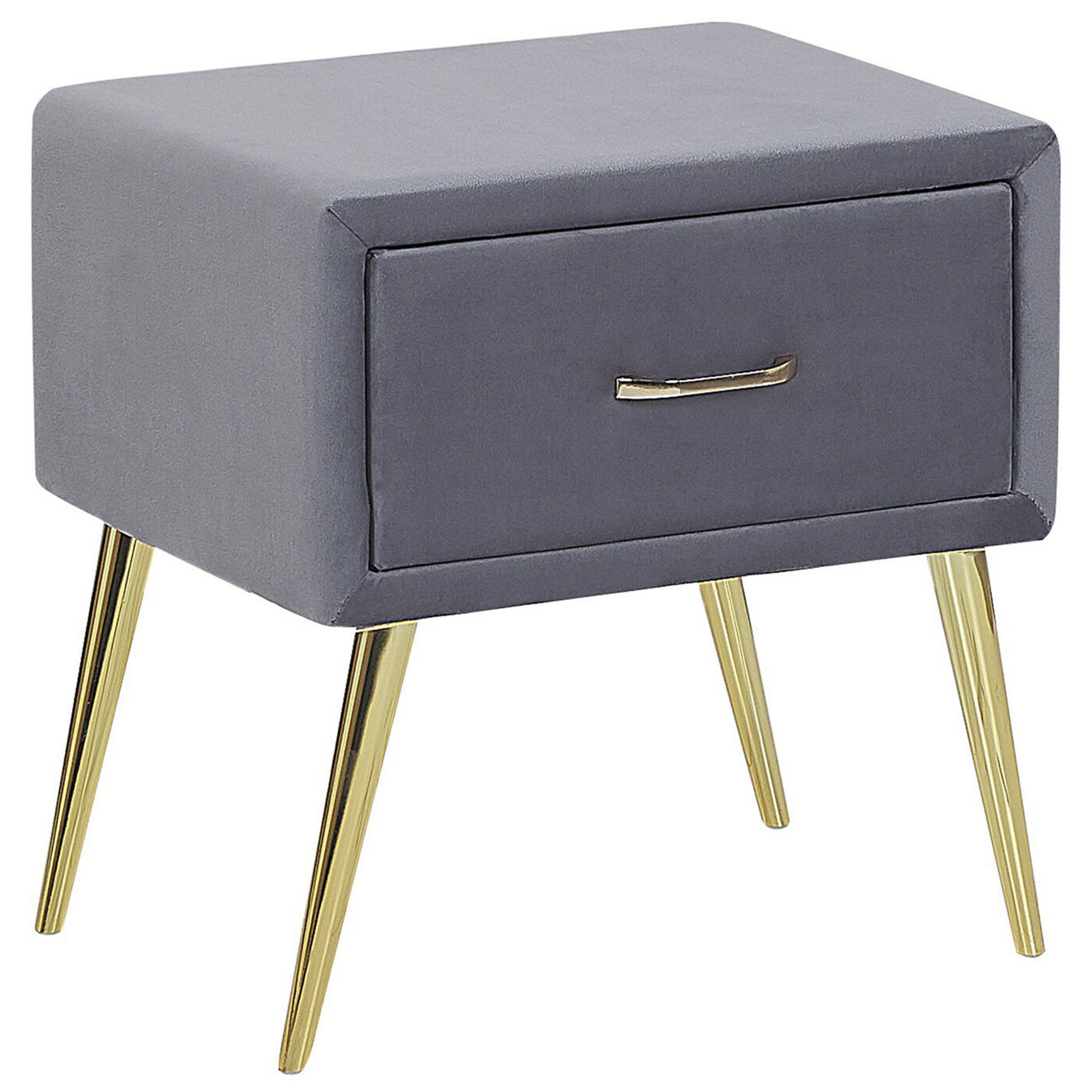 Beliani Bedside Table Grey Velvet Upholstery Nightstand 1 Drawer Minimalist Design Bedroom Furniture