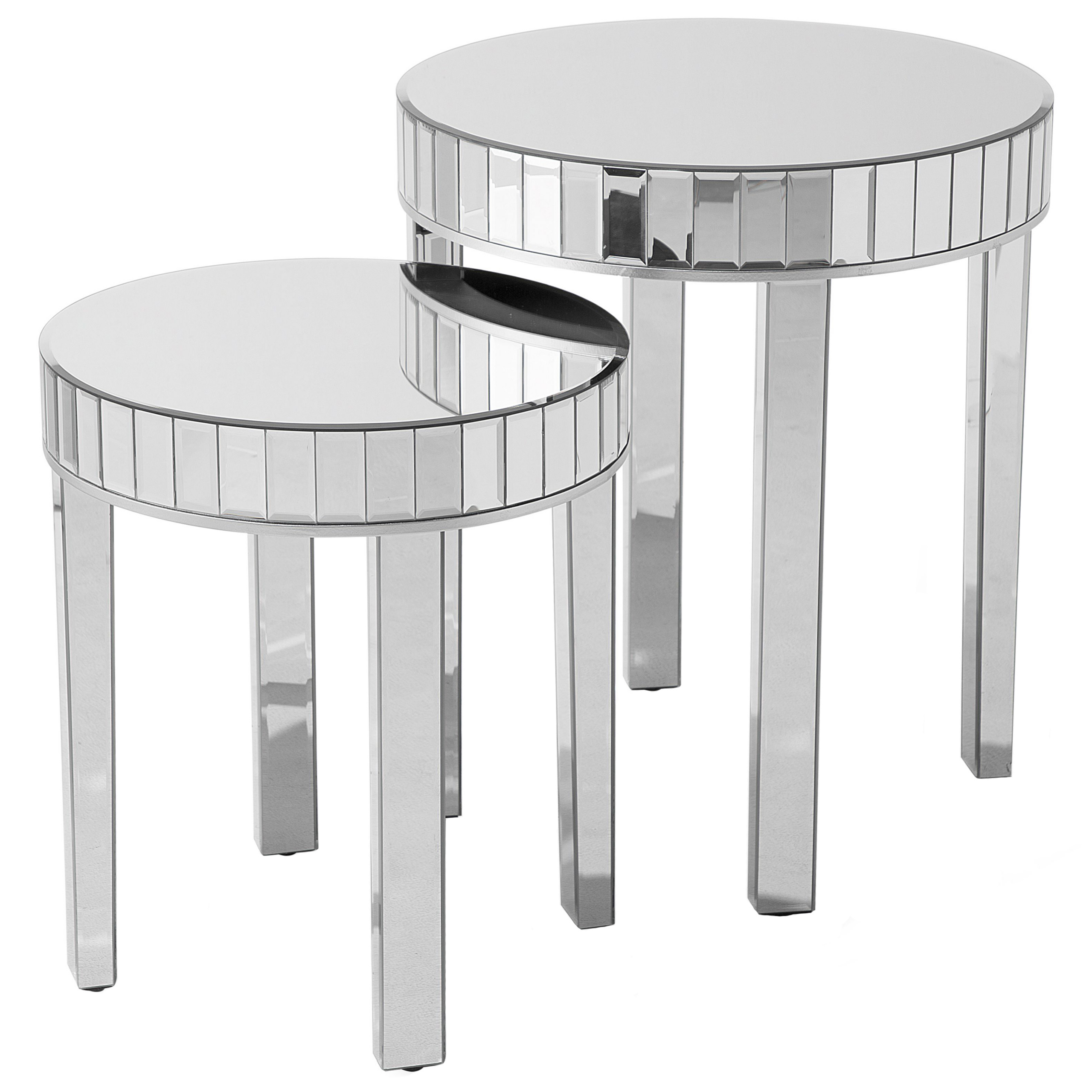 Beliani Nest of 2 Side Tables Silver Mirrored Glass Round Top Glamour Living Room Set