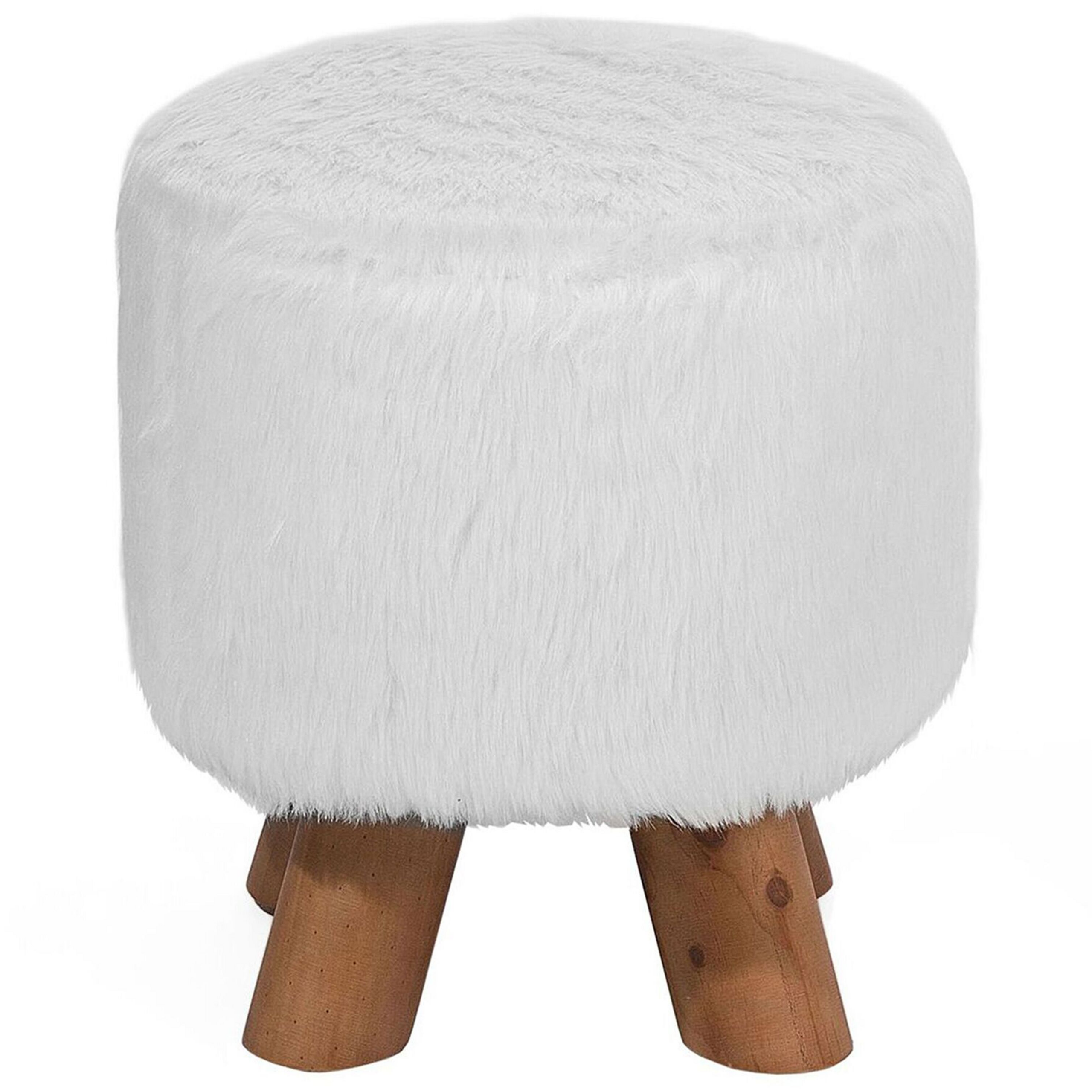 Beliani Footstool White Faux Fur Round Shaggy Stool on Wooden Legs