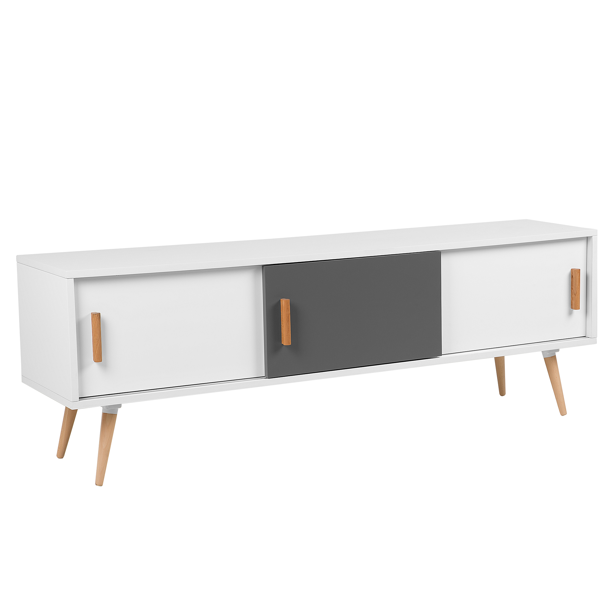 Beliani Sideboard White and Grey with Wooden Legs 3 Sliding Doors