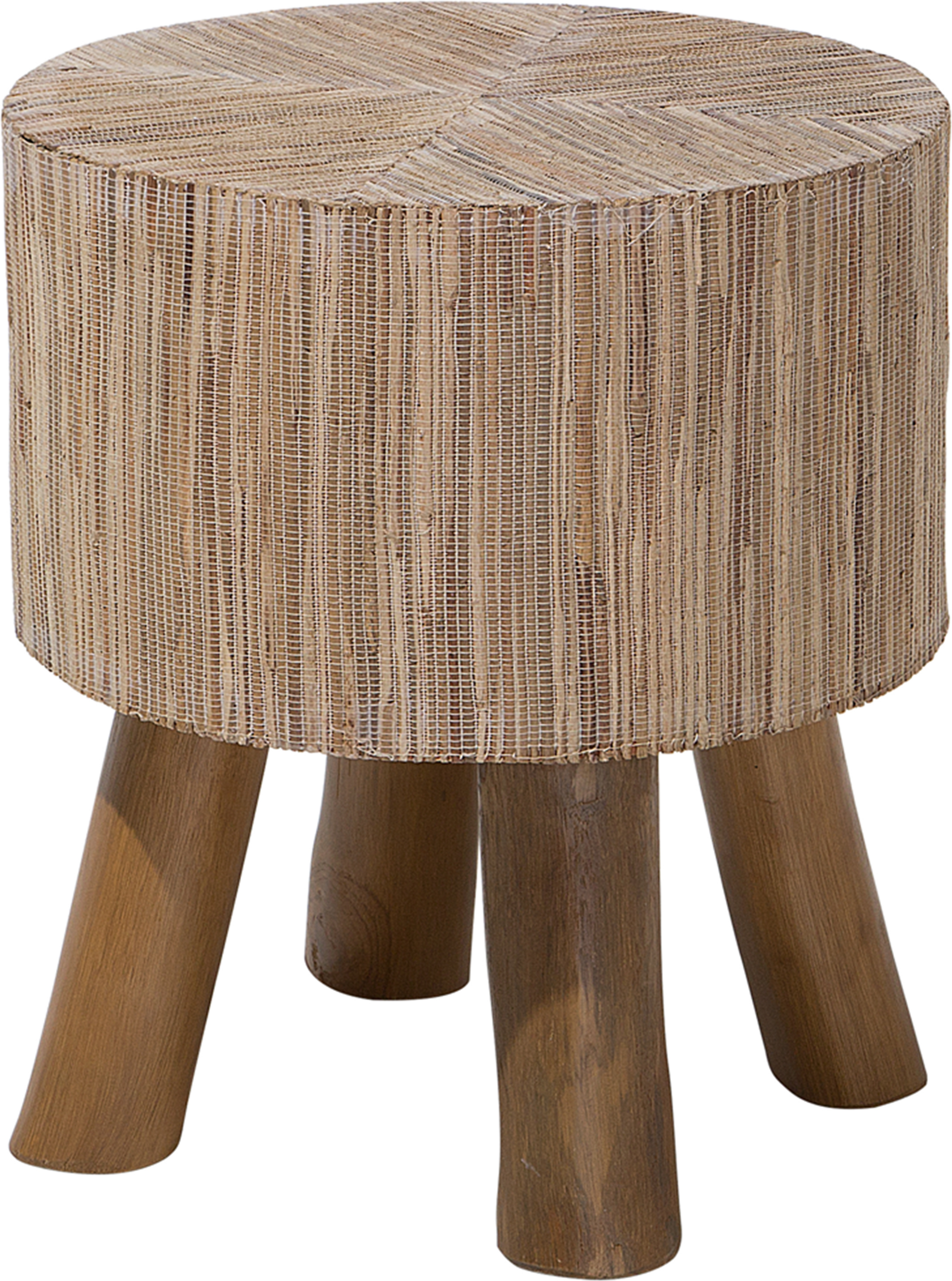 Beliani Side Table Light Wood Teak with Water Hyacinth Top 35 cm Round Footstool Rustic Raw Style