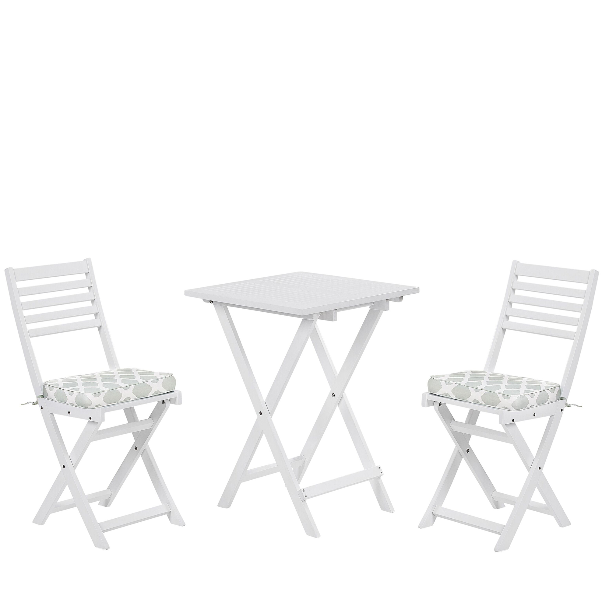 Beliani 3 Piece Bistro Set White Solid Acacia Wood Mint Green Cushions Folding Slatted Design Scandinavian Modern