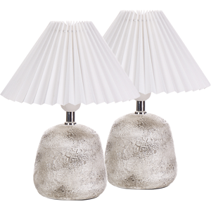 Beliani Set of 2 Table Lamps White and Grey Ceramic Base Pleated Synthetic Shade Bedside Table Night Light Material:Ceramic Size:25x32x25