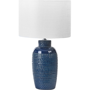 Beliani Table Lamp Navy Blue Ceramic 53 cm White Drum Shade Handmade Bedside Living Room Bedroom Lighting Material:Ceramic Size:32x53x32