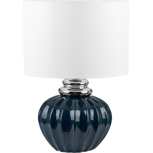 Beliani Table Lamp Bedside Light  White Ceramic Dark Blue Base Polycotton Drum Round Shade Material:Ceramic Size:33x45x33