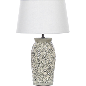 Beliani Table Lamp Grey Ceramic 48 cm Ornamental Pattern White Empire Shade Bedside Living Room Bedroom Lighting Material:Ceramic Size:30x48x30