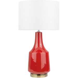 Beliani Table Lamp Bedside Light Red Ceramic Base Off-White Polycotton Drum Round Shade Material:Ceramic Size:32x60x32