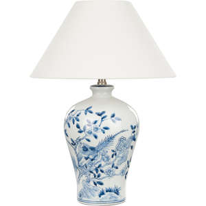 Beliani Bedside Table Lamp White and Blue Porcelain Base with Fabric Linen Shade Drum Shape 55 cm Modern Style Living Room Bedroom Material:Porcelain Size:40x55x40