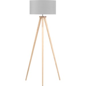 Beliani Floor Lamp Grey Polycotton 142H cm Oak Light Wood Tripod Legs Drum Shade Modern Material:Oak Wood Size:45x142x45