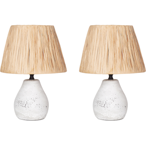 Beliani Set of 2 Table Lamps White and Natural Ceramic Paper Pulp Cone Shaped Shades Distressed Effect Minimalistic Design Material:Ceramic Size:23x31x14