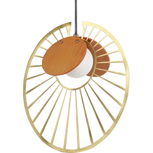 Beliani Pendant Lamp Gold with Light Wood Metal Iron MDF Hanging Light Glass Shade Round Shape Modern Lighting Living Room Dining Room Bedroom Material:Iron Size:10x151x20