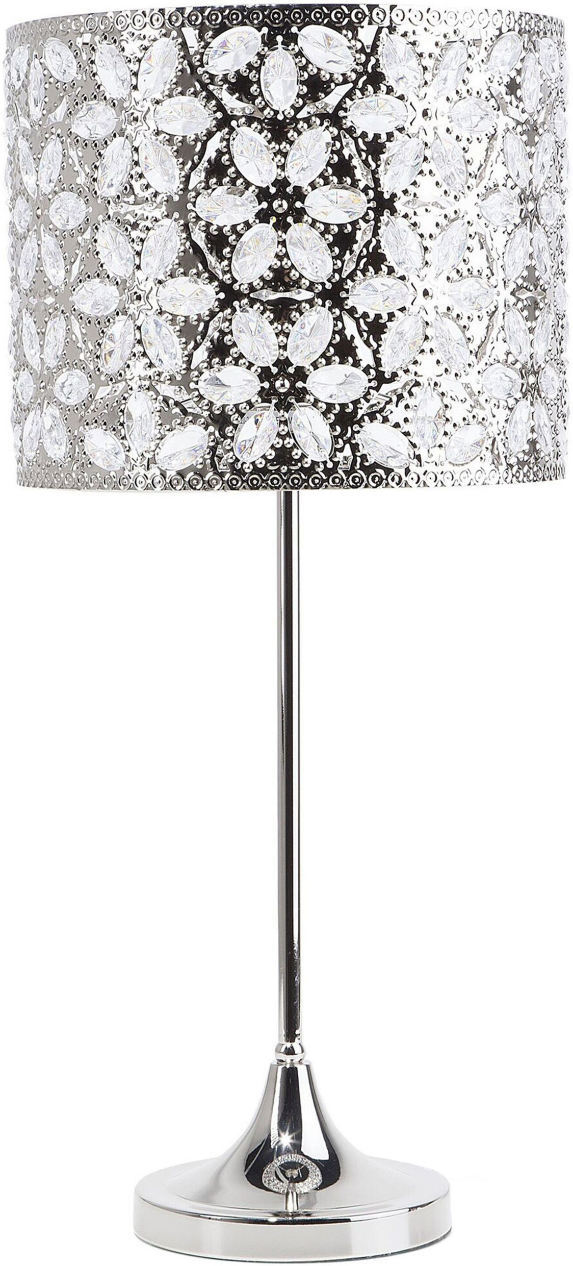 Beliani Table Lamp Silver Metal 58H cm Crystal Floral Pattern Openwork Drum Shade Glam