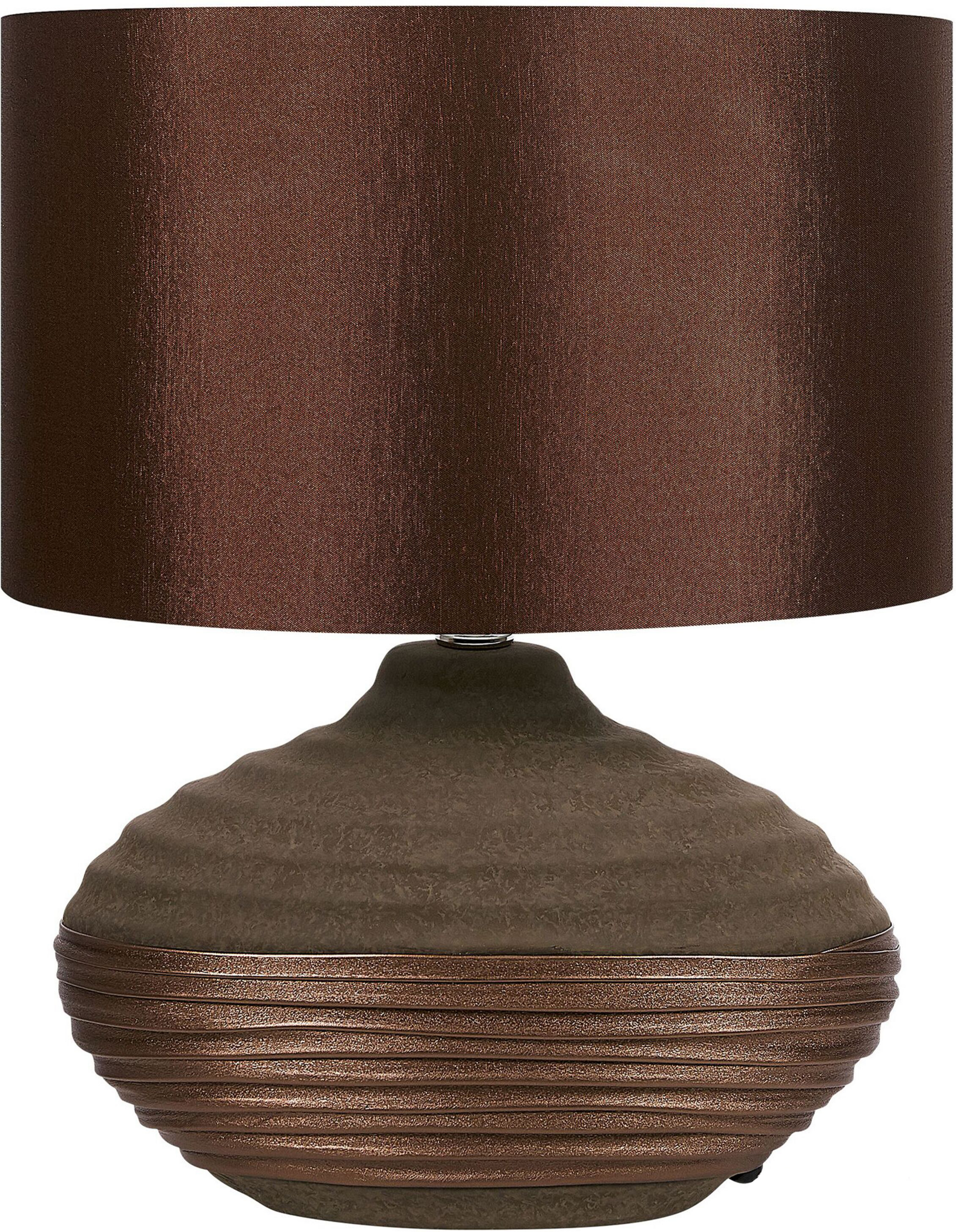 Beliani Table Lamp Brown Ceramic Base Faux Silk Drum Shade Bedside Table Lamp