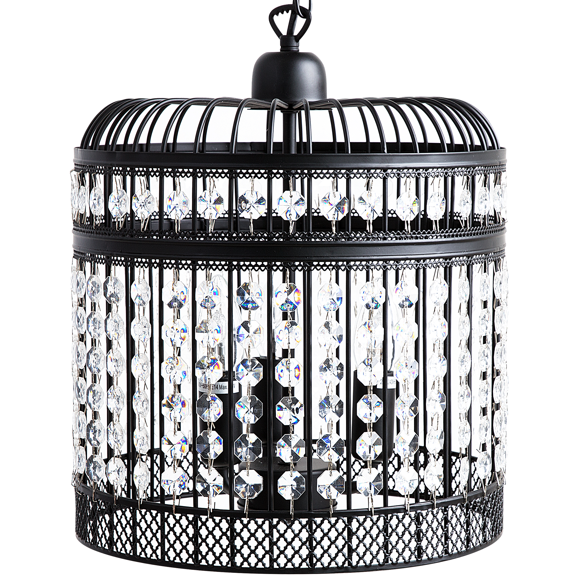 Beliani Pendant Ceiling Lamp Black Metal Cage Open Shade Faux Crystals Vintage Glamour