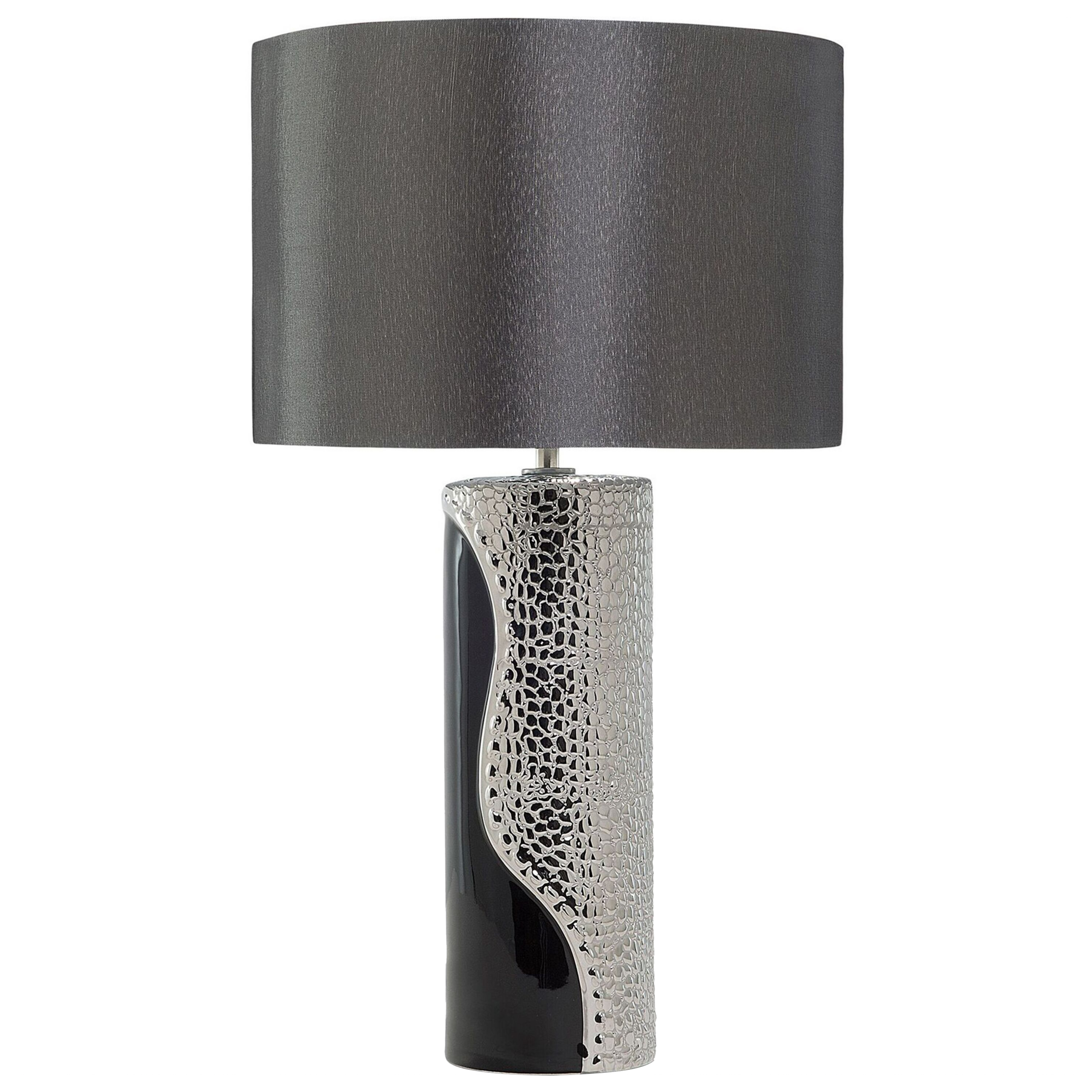 Beliani Table Lamp Silver Ceramic Pillar Base Faux Silk Drum Shade Bedside Table Lamp