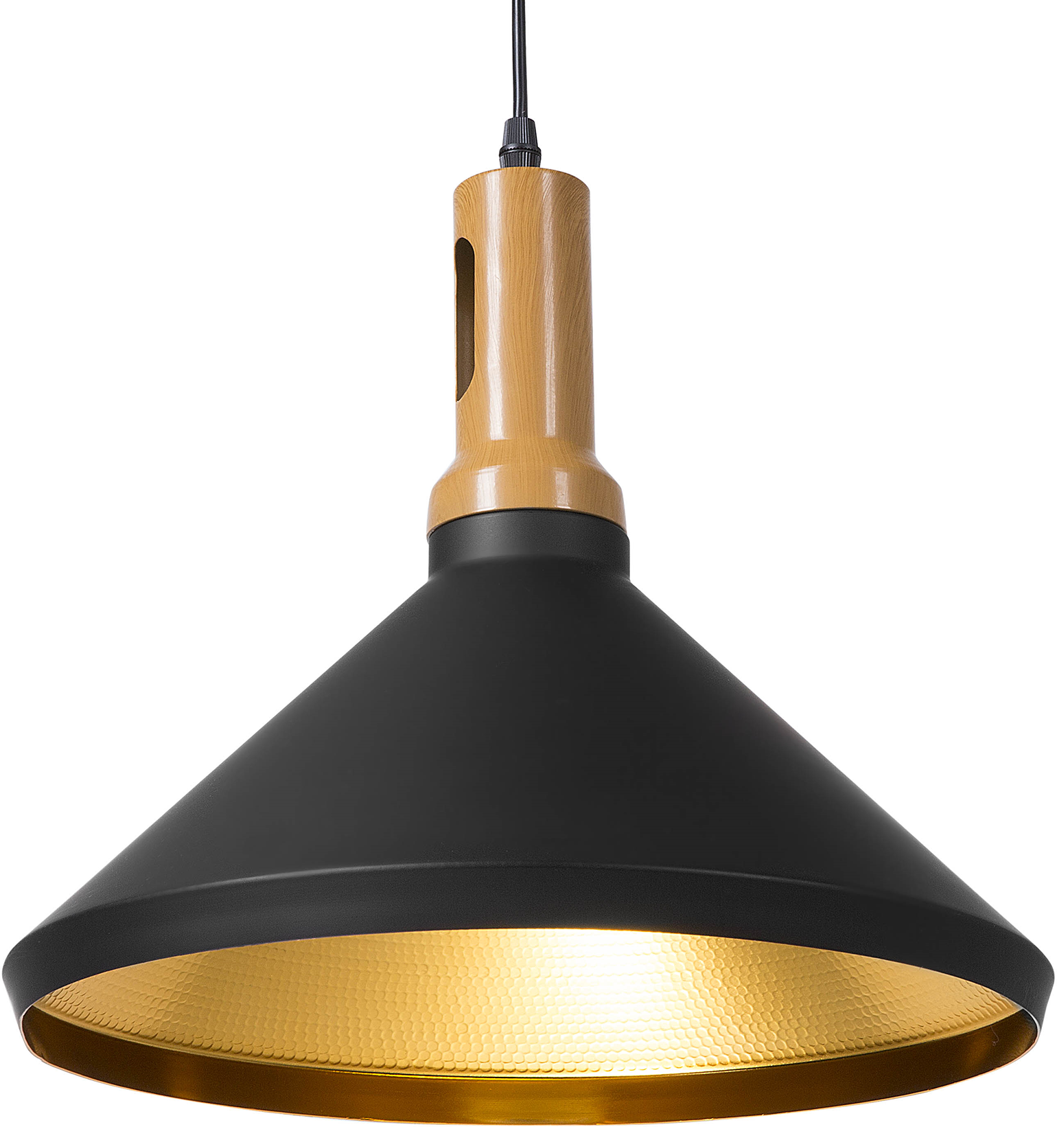 Beliani Hanging Light Pendant Lamp Black with Gold and Light Wood Aluminium Cone Shade Industrial Design