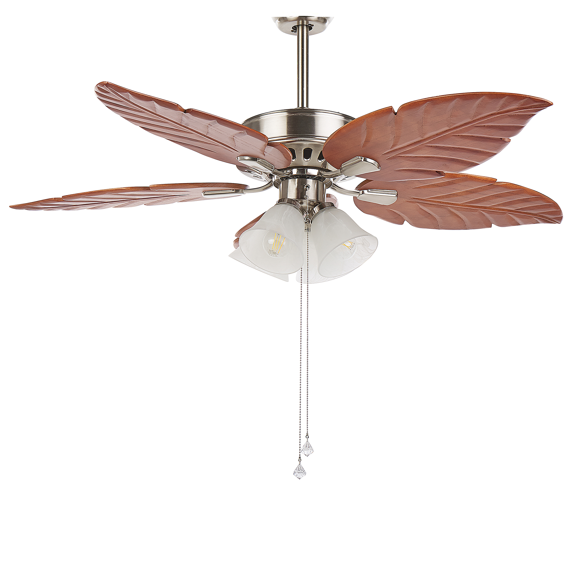 Beliani Ceiling Fan with Light Silver Metal Wooden Leaf-Shaped Reversible Blades with Pull Chain Speed Control Retro Design