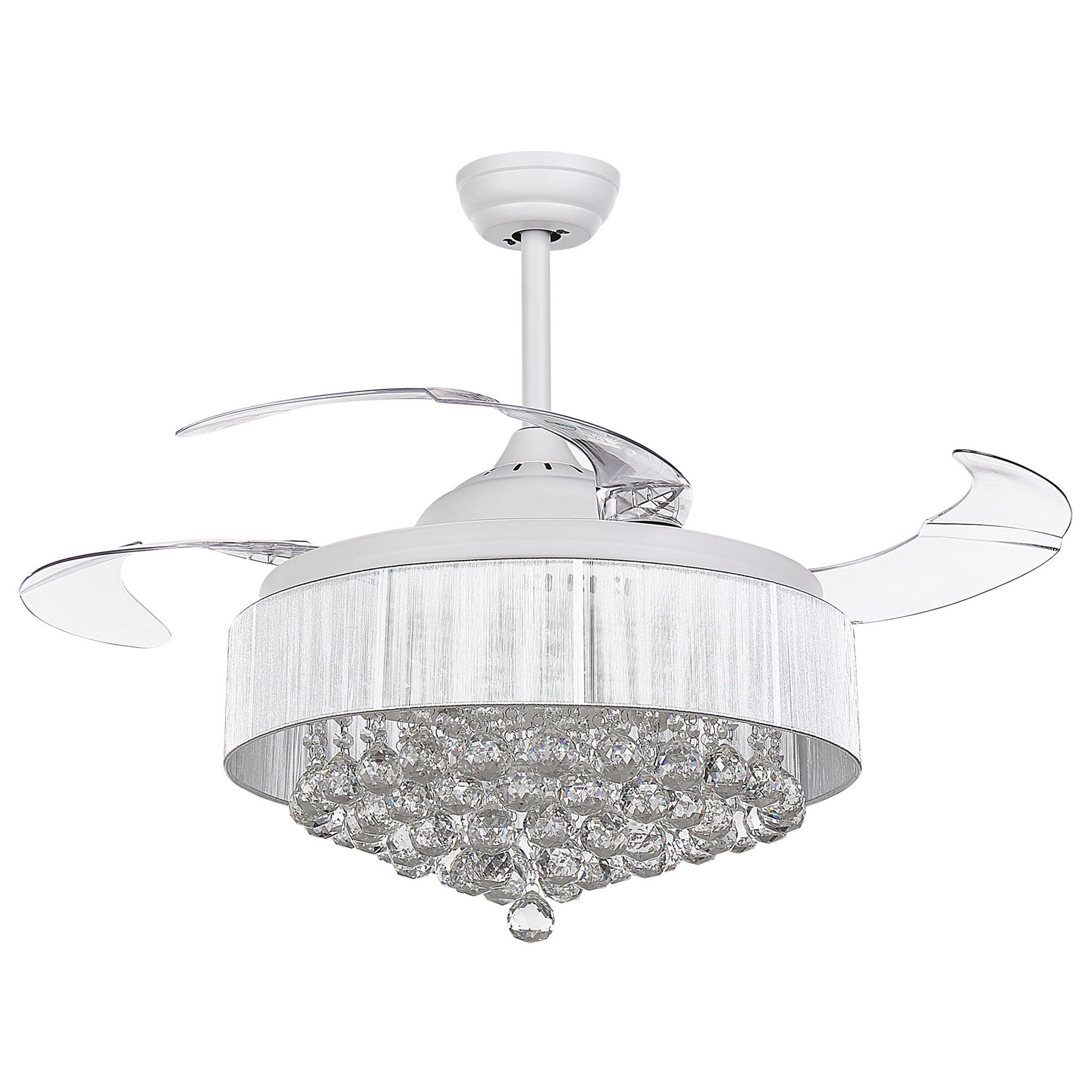 Beliani Ceiling Fan with Light White Metal Acrylic Crystals Foldable Blades Glam Shade with Remote Control 3 Speeds Switch Timer Light Adjustment