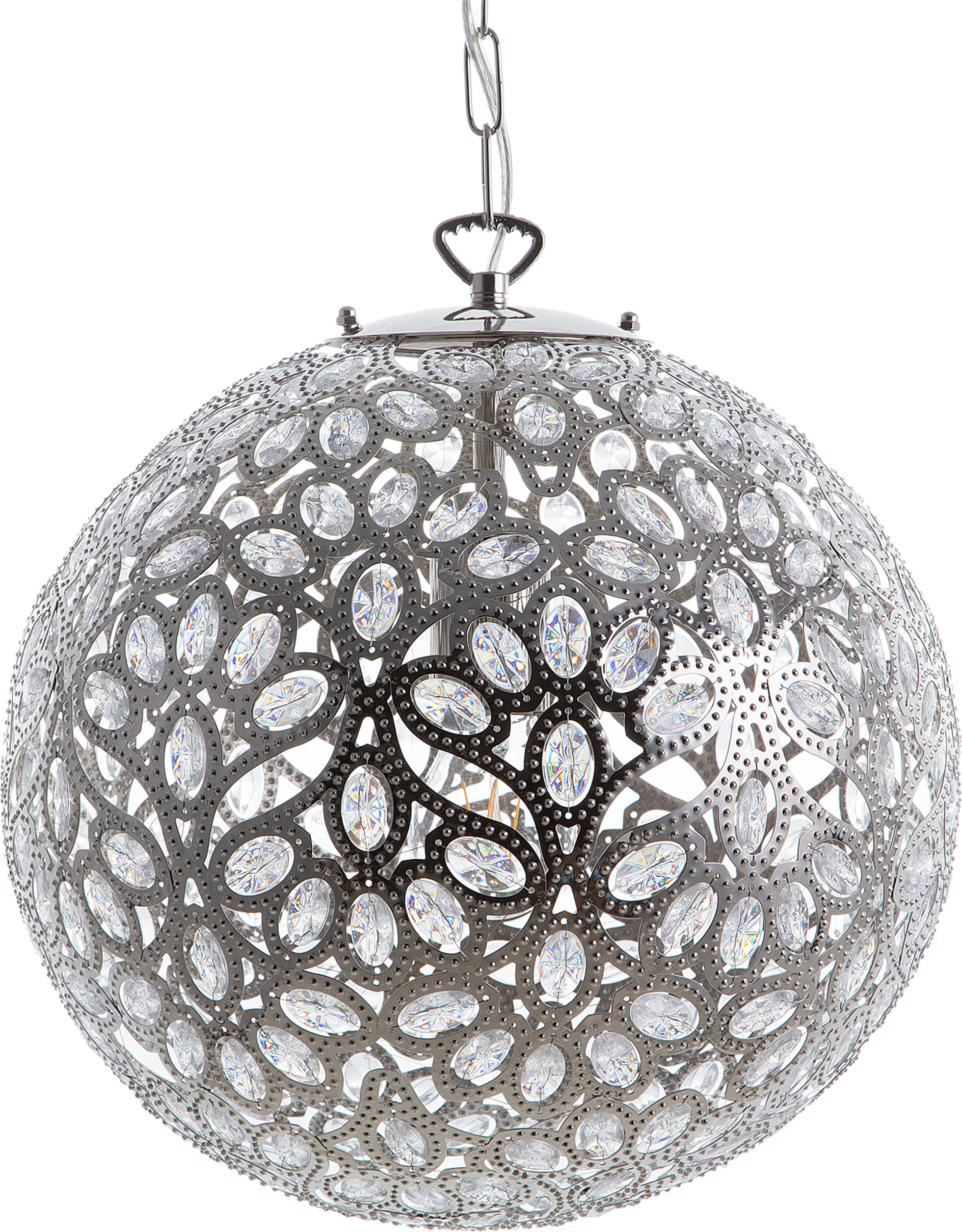 Beliani Ceiling Lamp Silver Metal 90 cm Pendant Floral Shade Crystals Oriental Boho