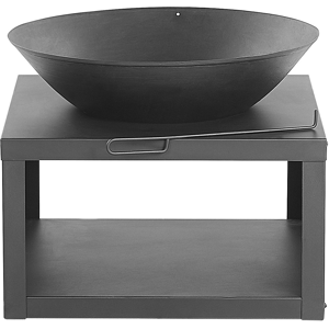 Beliani Fire Pit Heater Black Steel Low Round Bowl Shaped with Log Storage and Poker Material:Steel Size:60x50x60