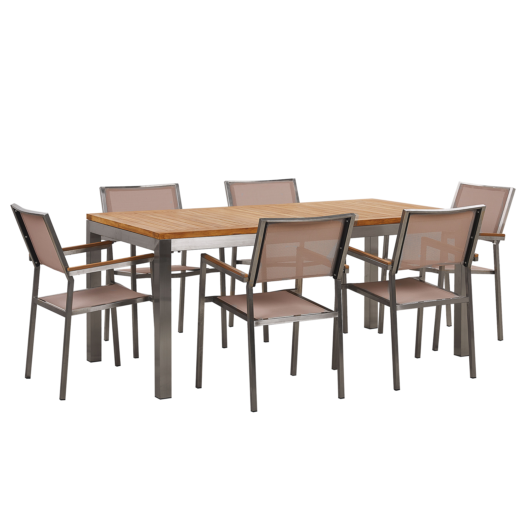 Beliani Garden Dining Set Light Teak Wood Top Steel Frame 180 x 90 cm with 6 Beige Chairs