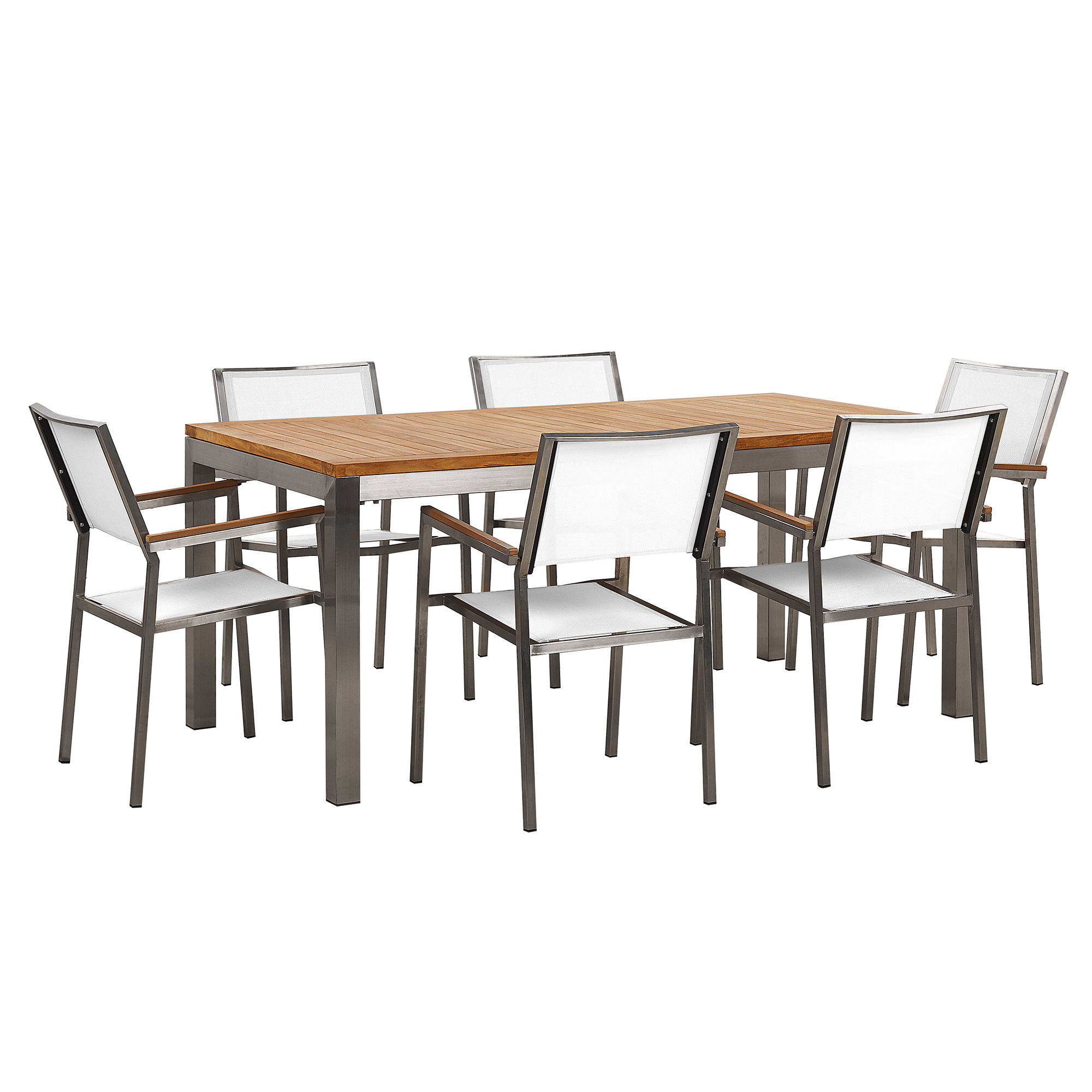 Beliani Garden Dining Set Light Teak Wood Top Steel Frame 180 x 90 cm with 6 White Chairs
