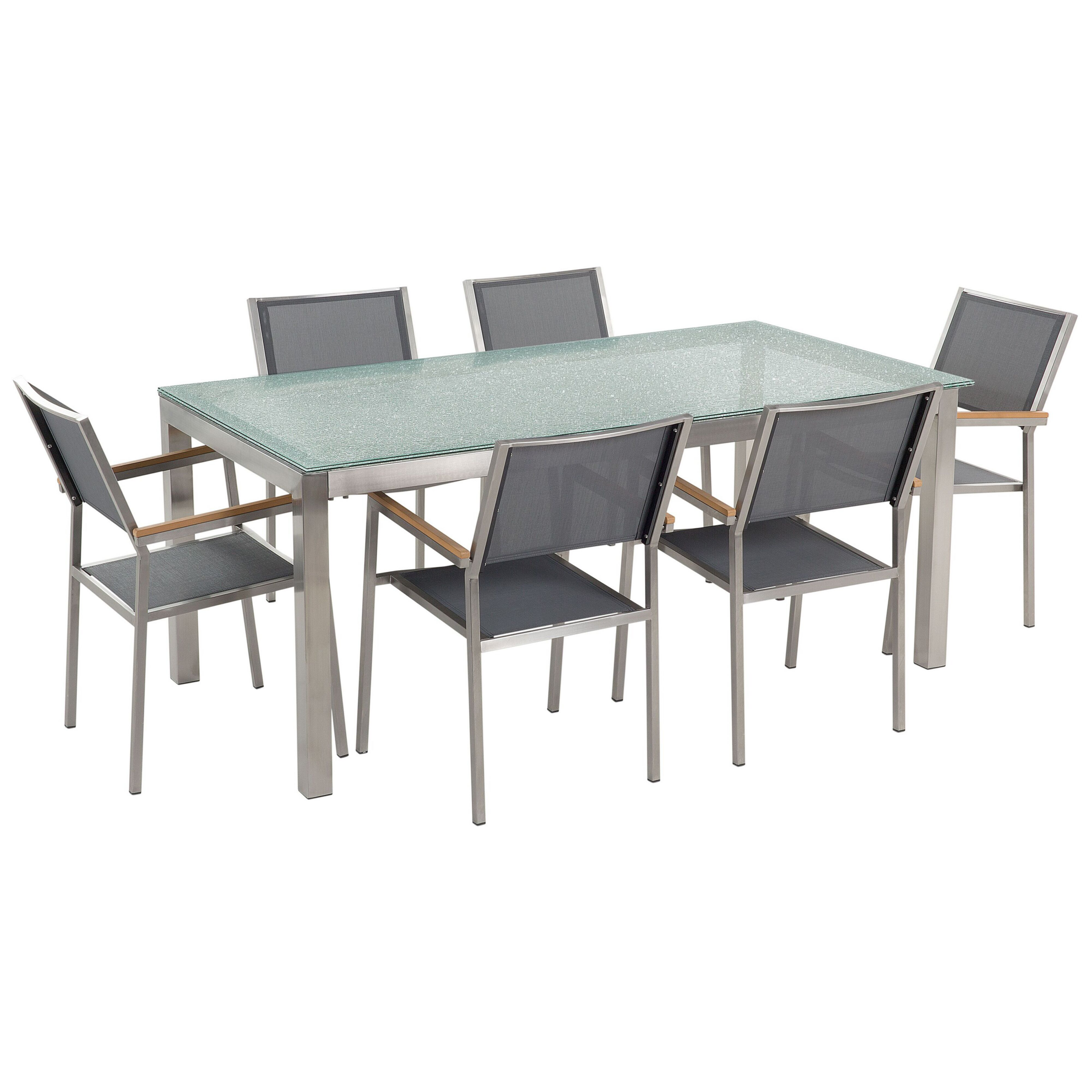Beliani Garden Dining Set Grey with Cracked Glass Table Top 6 Seats 180 x 90 cm
