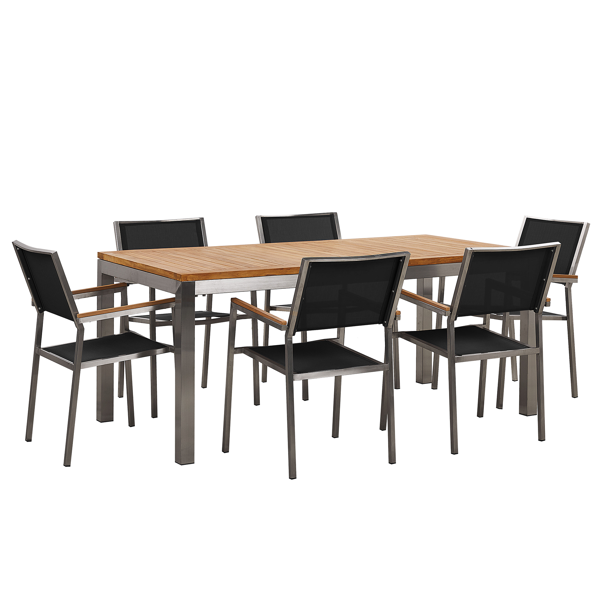 Beliani Garden Dining Set Light Teak Wood Top Steel Frame 180 x 90 cm with 6 Black Chairs