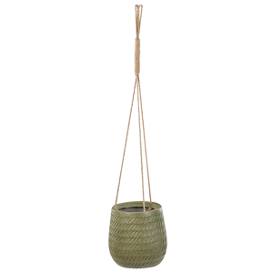 Beliani Hanging Plant Pot Green Fibre Clay ⌀ 20 cm Round Jute String Flower Pot Embossed Pattern Material:Fibre Clay Size:20x21x20