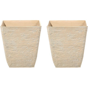 Beliani Set of 2 Plant Pots Beige Stone Polyresin 39 x 39 x 43 cm Indoor Outdoor Square Material:Stone Powder Size:39x43x39