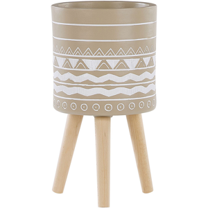 Beliani Plant Stand Beige Ceramic Round 30 x 30 cm Solid Wood Legs Modern Scandinavian Tall Plant Pot Planter Material:Magnesium Oxide Size:30x55x30