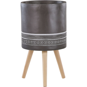 Beliani Grey Flower Pot ⌀ 34 cm Magnesium with White Hand Painted Pattern and 3 Beech Legs Round Boho Pot for Indoor and Outdoor Material:Magnesium Oxide Size:39x68x39