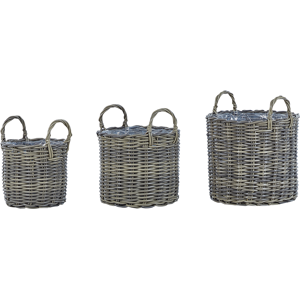 Beliani Set of 3 Plant Baskets Taupe PE Rattan Planter Pots with Lining Indoor Outdoor Use Material:PE Rattan Size:29/35/40x37/40/45x29/35/40