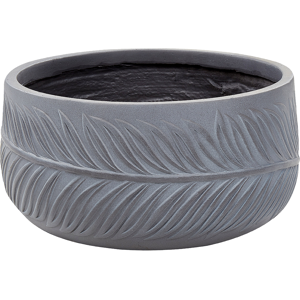 Beliani Outdoor Plant Pot Clay Fibre Grey 35 x 35 x 19 cm Planter Round UV Resistant Leaf Motif Traditional Material:Fibre Clay Size:35x19x35