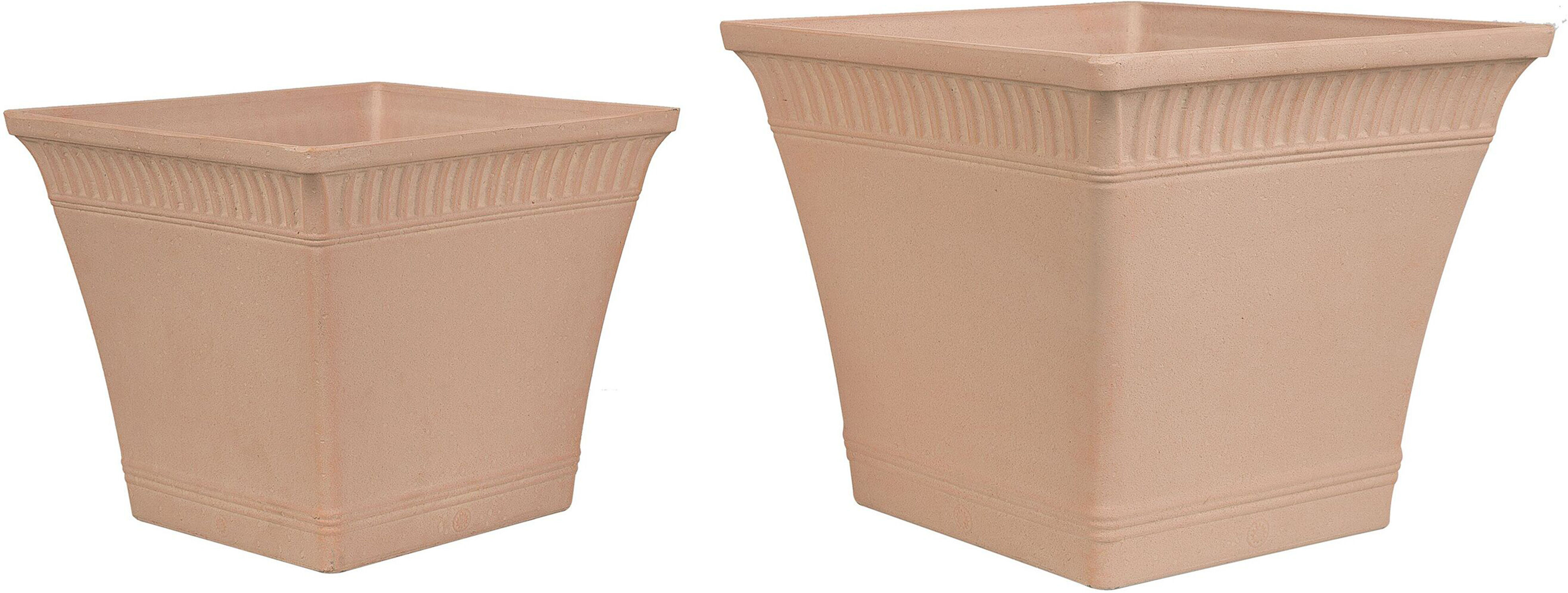 Beliani Set of 2 Plant Pots Planters Solid Light Red Stone Mixture Square Various Sizes Outdoor Resistances All-Weather