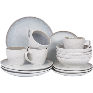 Beliani Set of 16 Pieces Light Grey Stoneware Kaolin Handmade Reactive Glaze Finish Service for 4 People Hammer Effect Kitchen Dining Room Material:Stoneware Size:xx