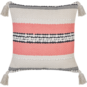 Beliani Decorative Pillow Beige and Red Cotton 45 x 45 cm Striped Pattern with Tassels Boho Design Throw Cushions Material:Cotton Size:45x10x45