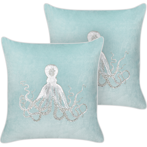 Beliani Set of 2 Scatter Cushions Blue Velvet 45 x 45 cm Marine Octopus Motif Square Polyester Filling Home Accessories Material:Velvet Size:45x10x45