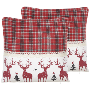 Beliani Set of 2 Cushions Red and White Cotton 45 x 45 cm Plaid and Reindeer Pattern Christmas Holiday Material:Polyester Size:45x10x45
