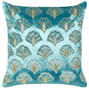 Beliani Scatter Cushion Turquoise and Gold Velvet 45 x 45 cm Square Handmade Throw Pillow Embroidered Seashell Pattern Removable Cover Material:Velvet Size:45x10x45