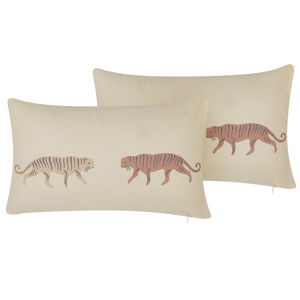 Beliani Set of 2 Scatter Cushions Beige 30 x 50 cm Tiger Motif Decorative Throw Pillows Removable Covers Zipper Closure Modern Boho Style Material:Polyester Size:50x10x30