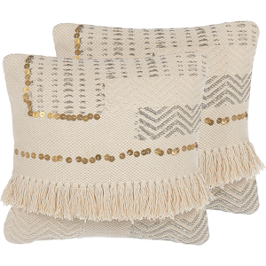 Beliani Set of 2 Decorative Cushions Beige 45 x 45 cm with Tassels Boho Retro Decor Accessories Material:Cotton Size:45x10x45