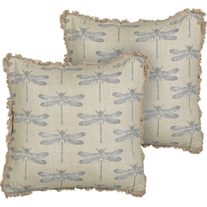 Beliani Set of 2 Scatter Cushions Beige Cotton 45 x 45 cm Square Handmade Throw Pillows Printed Dragonfly Pattern Removable Cover Material:Cotton Size:45x15x45