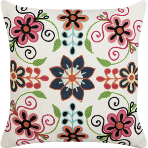 Beliani Scatter Cushion Multicolour Cotton Wool 50 x 50 cm Flower Pattern Handmade Embroidered Removable Cover with Filling Boho Style Material:Cotton Size:50x10x50