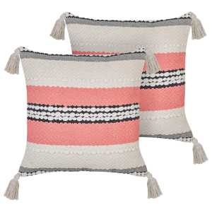 Beliani Set of 2 Decorative Pillows Beige and Red Cotton 45 x 45 cm Striped Pattern with Tassels Boho Design Throw Cushions Material:Cotton Size:45x10x45